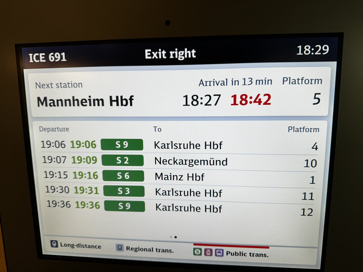Von wegen Ankunft in 13 Minuten! Der #ICE691 fährt in #Frankfurt-Süd fünf Minuten zu spät los - und kommt trotz Umleitung über die Main-Neckar-Bahn fast pünktlich in #Mannheim an. Danke an alle von der <a href="/DB_Bahn/">Deutsche Bahn Personenverkehr</a>, die dazu beigetragen haben! Da kann die #Riedbahn-Sperre ja kommen.