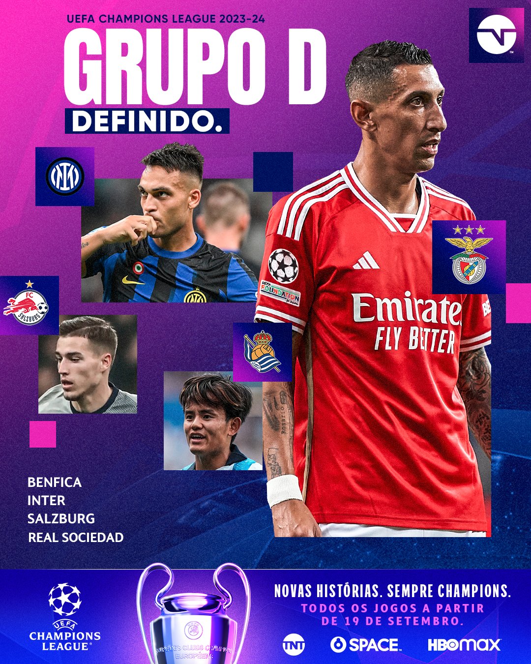 TNT Sports BR on X: 🚨 VAI TER MUITO JOGO BOM! 🔥 Benfica, Inter de Milão, Salzburg e Real Sociedad se enfrentam no GRUPO B para escrever novas histórias na UEFA Champions