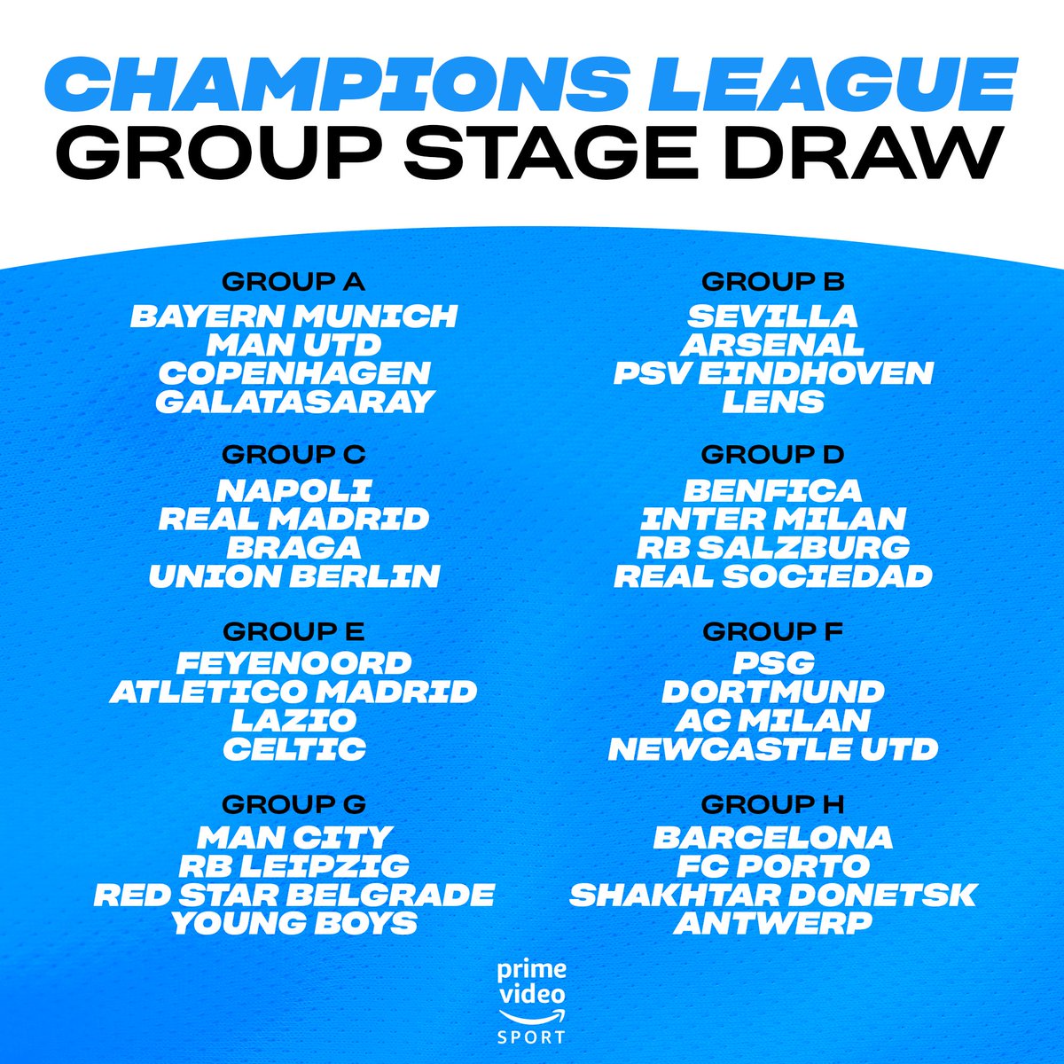 primevideosport's tweet photo. The Champions League 2023/24 groups are set 🏆

#UCLdraw https://t.co/pcPQezxVon