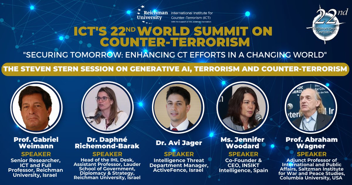 ICT_org's tweet photo. Explore #ChatGPT exploitation by #terrorists in our Plenary Session on #AI, #Terrorism &amp; #CounterTerrorism at #ICT22 World Summit. Speakers: Dr. Avi Jager, Dr. @RichemondBarak, Prof. Abraham Wagner, Prof. @972544873713, &amp; Ms. @jenternational ➡️https://t.co/sh95OOPsVL https://t.co/p1zTUSQhqE