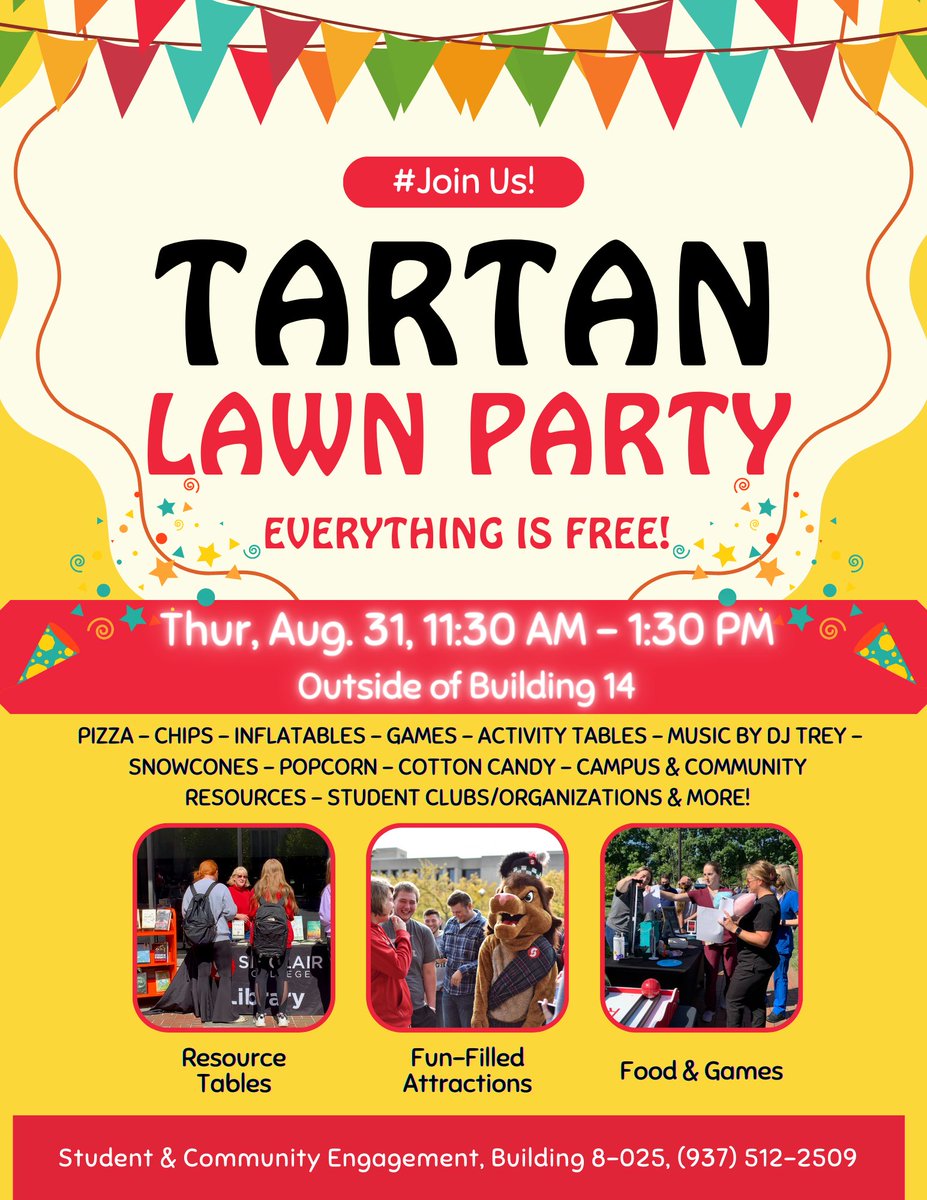 SinclairEngage's tweet image. TODAY! FREE pizza, chips, popcorn, snow cones &amp;amp; cotton candy! Stop by the resource tables and fun-filled attractions! Make sure to come join the fun at the Tartan Lawn Party! 🎉 
#sinclaircollege #FallSemester #WelcomeWeek