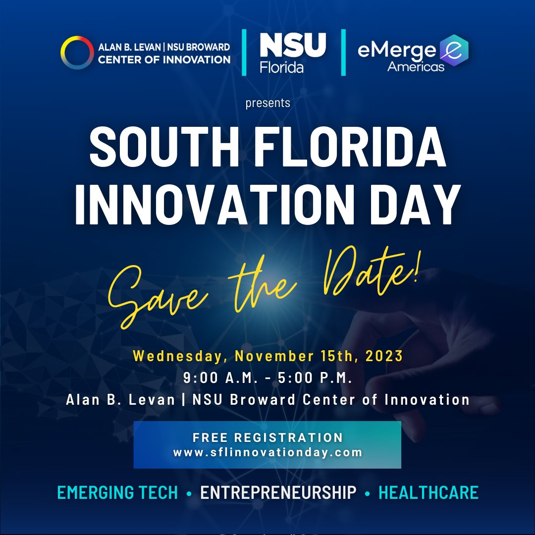 South Florida Innovation Day brings together professionals, thought leaders, #entrepreneurs, and #innovators across three tracks: Emerging #Tech, #Entrepreneurship, and #Healthcare. Join us for this amazing event on 11/15! sflinnovationday.com