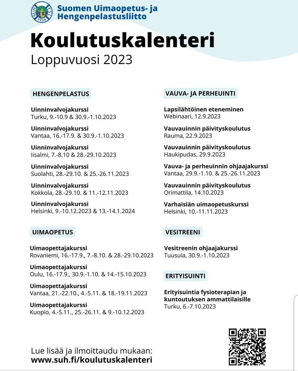 Haluatko työllistyä tai kiinnostaako alan vaihto? Haluatko tehdä hommia opiskelun ohessa?
Kouluttaudu vesiliikunta-alalle. Loppuvuoden kurssit, olkaa hyvä. #viisaastivesillä