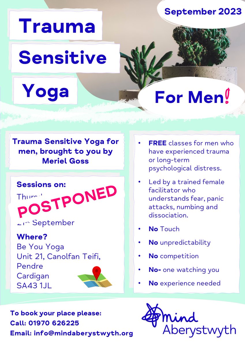 Unfortunately, our new Trauma Sensitive Yoga course for men has been postponed due to low numbers.
Please let us know if you would be interested in joining this course in the future by emailing us at info@mindaberystwyth.org!
Thank you!