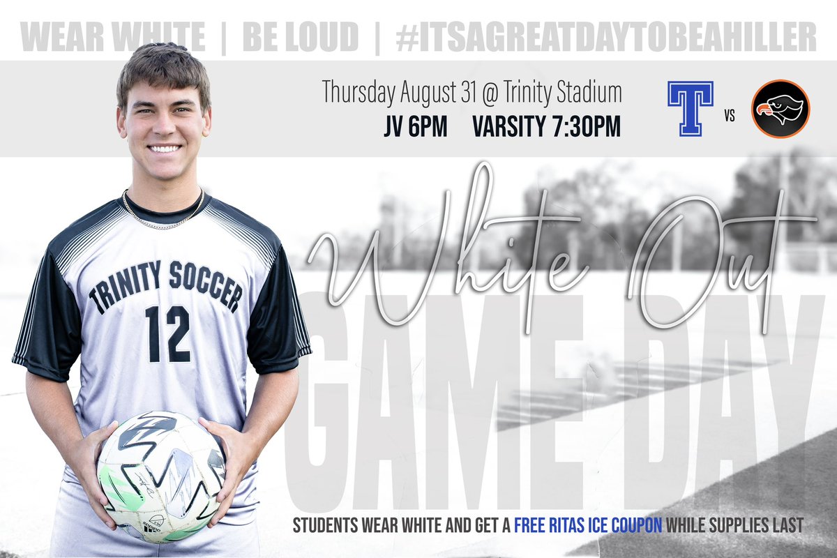 It’s Time! Home Opener TONIGHT vs Bethel Park! 
Let’s Go!
⚽️ ⚪️ WHITE OUT ⚪️⚽️
<a href="/Trinity_Hillers/">Trinity Athletics</a> 
<a href="/hillerhooliganz/">HILLER HOOLIGANS</a>