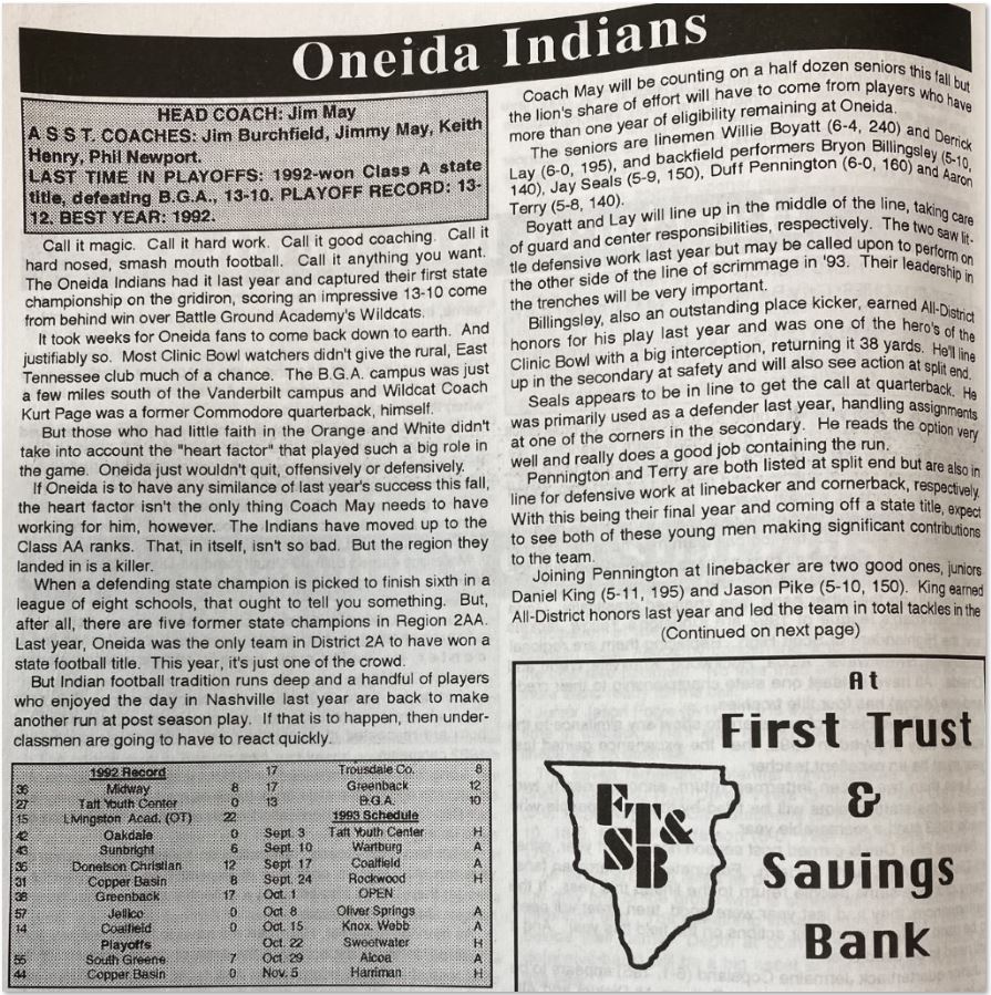 OHSRadio's tweet photo. Wartburg had fallen in their season opener to the Coalfield Yellowjackets 7-6. Oneida’s defense had yet to surrender a score in 1993, and that trend would continue. The Bulldogs were held to 43 yards on 18 rushes – averaging just 2.4 yards per carry. https://t.co/XiYvH9FALH