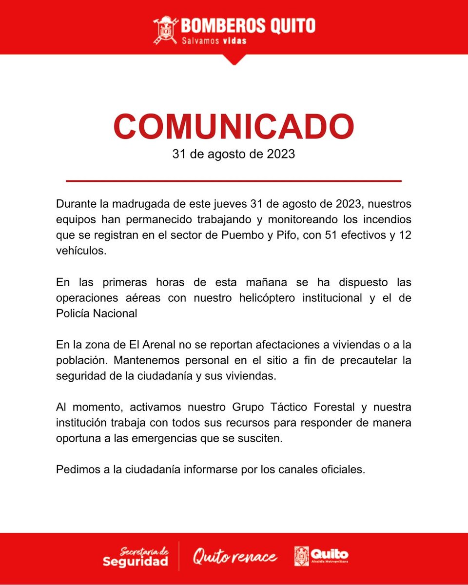 RayuelaComunik's tweet photo. En un comunicado sobre los incendios forestales en Puemboby Pifo, el Cuerpo de Bomberos informó que continúan las labores para mitigar los mismos. https://t.co/wj6lCNw5BW