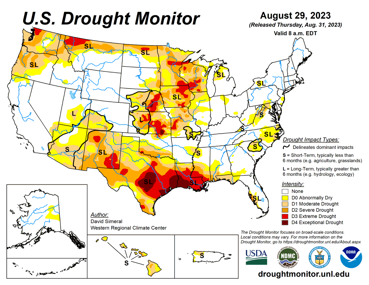DroughtCenter's tweet photo. US Drought Monitor 8-31-23:

For the 50 states and Puerto Rico, the US Drought Monitor shows 34.28% in moderate drought or worse, compared with 32.72% a week earlier.

#droughtmonitor #drought2023 #climate #science #data #maps #US #USA

@usdafsa @NOAANCEI @farmersgov @NOAAClimate https://t.co/KmQM8fthnd