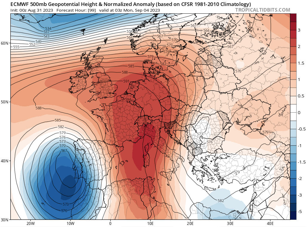 Alpenweerman's tweet photo. Omegablokkade brengt zomer terug - Begin volgende week krijgen we in W en C  Europa opnieuw te maken met een krachtige "warme" hoogterug. Geflankeerd door 2 hoogtelagen (Atl Oceaan / Balkan) en zien  we een #omega blokkade. Door de sterke #subsidentie en adiabatische opwarming #compressie van de verticale luchtkolom wordt het 500 hPa geopot. niveau (DAM) net als rond 20 augustus j.l. ook nu weer "opgetild" naar maar liefst 5800 tot 6000 meter hoogte. In de Alpen zal daardoor de vorstgrens #VG tot 5000 meter of nog hoger stijgen en mogelijk dat het recente record van 5298m opnieuw gebroken zal gaan worden!  

Ook de lagere atmosfeer gaat met de aanvoer van subtropische luchtmassa's aan de westflank vd hoogterug flink opwarmen met maxima die tussen de 25en 30 graden gaan uitkomen. Meer zuidelijker en lok. in de Alpen dan ook weer tropische temperaturen. Dat is zo'n 8 tot 12 graden boven "normaal" #nazomeren