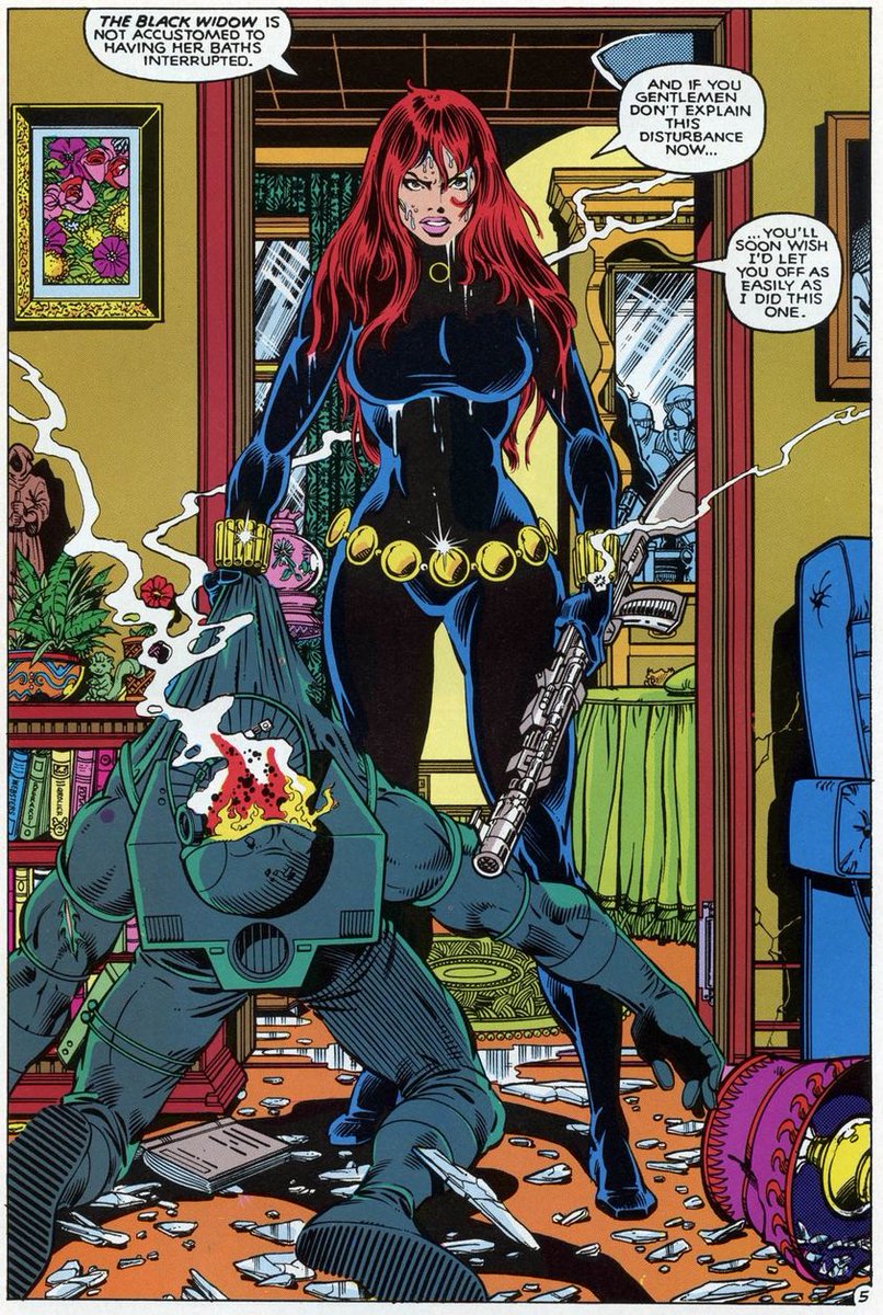 1ComicBooksBlog's tweet photo. George Perez isn't known for them, but he could produce spectacular splash pages. The Black Widow has never looked so physically formidable as this (sorry Scarlet Johansson 😂).
#GeorgePerez #MarvelComics #MarvelFanfare #the80s #comicbooks https://t.co/BgAIJOVRsh