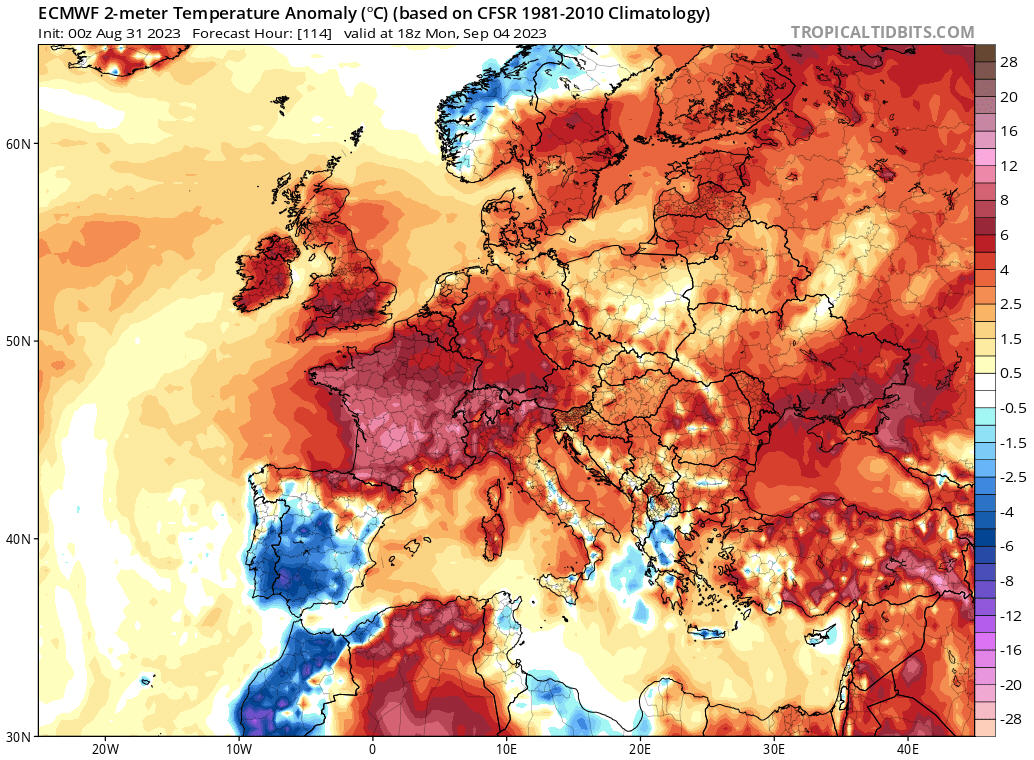Alpenweerman's tweet photo. Omegablokkade brengt zomer terug - Begin volgende week krijgen we in W en C  Europa opnieuw te maken met een krachtige "warme" hoogterug. Geflankeerd door 2 hoogtelagen (Atl Oceaan / Balkan) en zien  we een #omega blokkade. Door de sterke #subsidentie en adiabatische opwarming #compressie van de verticale luchtkolom wordt het 500 hPa geopot. niveau (DAM) net als rond 20 augustus j.l. ook nu weer "opgetild" naar maar liefst 5800 tot 6000 meter hoogte. In de Alpen zal daardoor de vorstgrens #VG tot 5000 meter of nog hoger stijgen en mogelijk dat het recente record van 5298m opnieuw gebroken zal gaan worden!  

Ook de lagere atmosfeer gaat met de aanvoer van subtropische luchtmassa's aan de westflank vd hoogterug flink opwarmen met maxima die tussen de 25en 30 graden gaan uitkomen. Meer zuidelijker en lok. in de Alpen dan ook weer tropische temperaturen. Dat is zo'n 8 tot 12 graden boven "normaal" #nazomeren