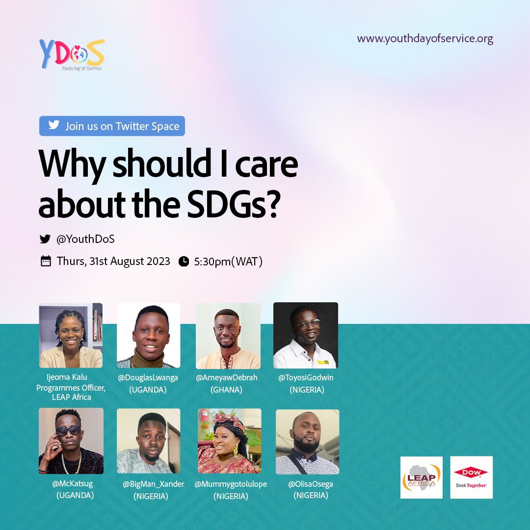 Join me today 31st of August, 2023 on the #YouthfulandUseful conversation with @YouthDoS as they unravel the importance of SDGs to our community.
Set your reminder for 5:30 pm!

 link here: x.com/i/spaces/1yNxa… 

@LEAPAfrica
#TheChangeIsYou #LeapAfrica