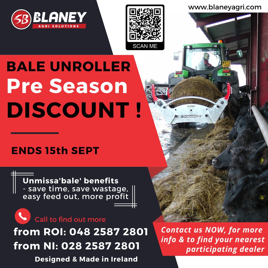 Don't miss out on Blaney's Bale Unroller Offer! 😀
Get in touch for more info or to find your nearest participating dealer 
#baleunroller #blaneyagri #baleunwinder #balefeeder