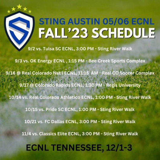 🚨SCHEDULE DROP!!!🚨 
Affix these fixtures on your calendar!!! <a href="/sting_austin/">Sting Austin</a> <a href="/Tomaslober1/">Tomaslober</a> <a href="/ECNLgirls/">ECNL Girls</a> <a href="/EcnlTexas/">ECNL Girls Texas Conference</a> <a href="/ImCollegeSoccer/">College Soccer Truth ™</a> <a href="/ImYouthSoccer/">ECNL/GA/Recruiting/College Soccer</a> <a href="/TopDrawerSoccer/">TopDrawerSoccer</a> <a href="/PrepSoccer/">Prep Soccer ⚽️</a>