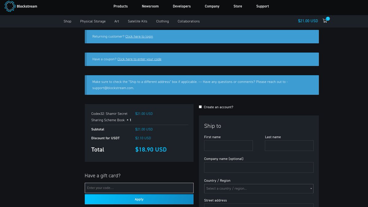maximalistus's tweet photo. On buying #Codex32 on #BlockstreamStore with L-USDt you will get 10% off.
The coupon "maximus" doesn't work on this product. But the guide above still will give you 10% off when using L-USDt.
#Bitcoin #BlockstreamStore #Blockstream #LiquidNetwork https://t.co/lARyMEDbsG