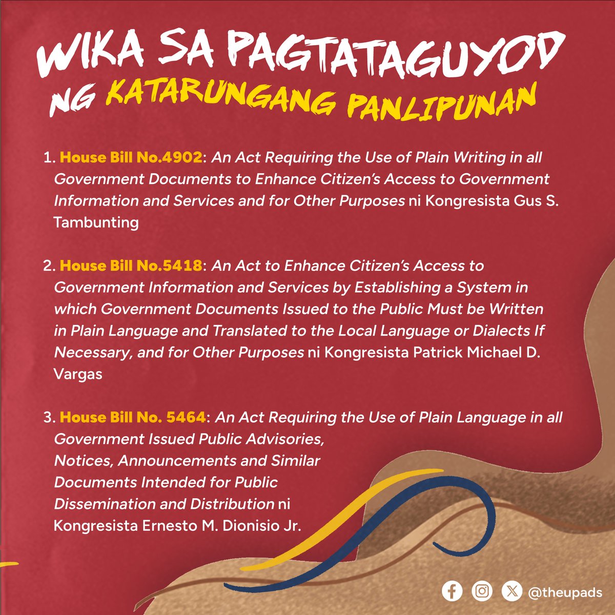theUPADS's tweet photo. 𝗪𝗜𝗞𝗔𝗡𝗚 𝗞𝗔𝗧𝗨𝗧𝗨𝗕𝗢, 𝗗𝗔𝗟𝗨𝗬𝗔𝗡 𝗡𝗚 𝗣𝗔𝗚𝗕𝗔𝗕𝗔𝗚𝗢 🇵🇭

Sa pagtatapos nitong Agosto, samahan niyo kaming alamin ang iba't ibang panukalang batas na nagpapakita kung paano ginagamit ang wika bilang instrumento ng panlipunang kaunlaran. 💙💛 https://t.co/9X3EYILpBe
