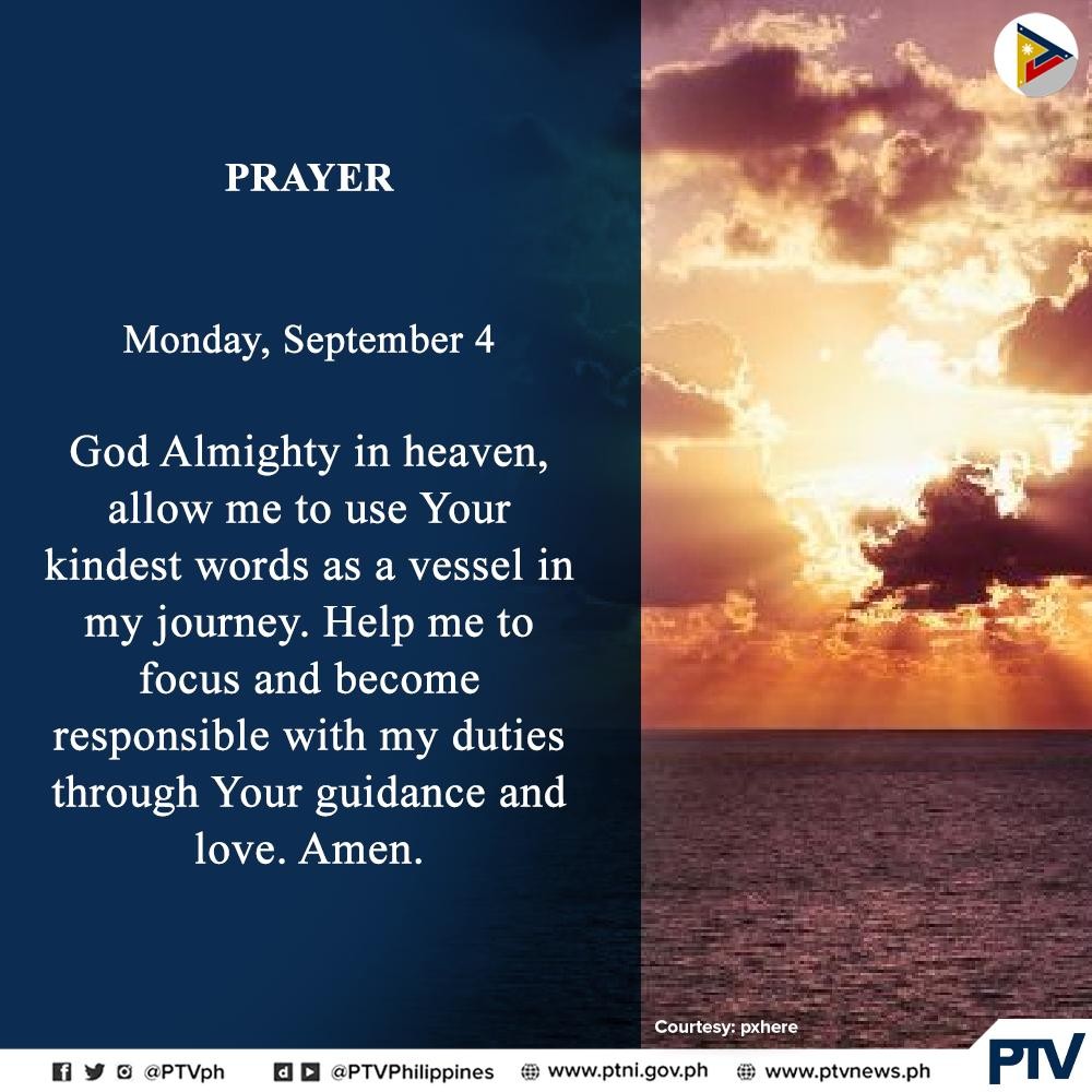 PTVph's tweet photo. 𝐃𝐀𝐈𝐋𝐘 𝐏𝐑𝐀𝐘𝐄𝐑: Monday, September 4. https://t.co/xTJgilByYa