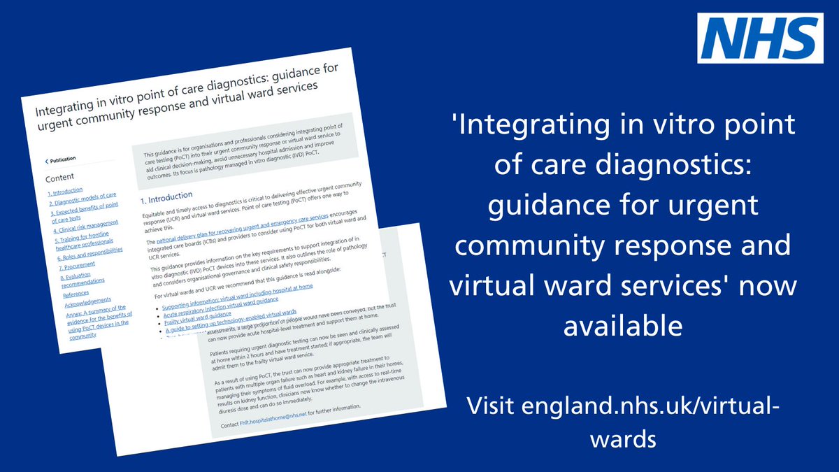 Now available:

New supporting #Guidance on implementing in vitro diagnostic #PointOfCare testing #PoCT to support #VirtualWard and #UrgentCommunityResponse services

The guidance provides information, advice and case studies

Read it: england.nhs.uk/publication/in…