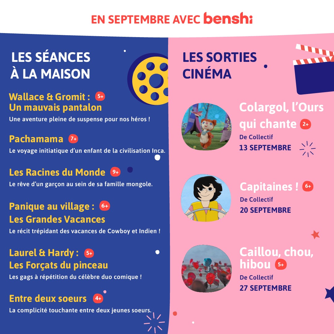 Benshi fait sa rentrée aux côtés de personnages hauts en couleur ! Que ce soit sur la plateforme ou au cinéma, de nombreuses aventures cinématographiques sont à vivre en famille 🎬

À découvrir dès demain sur Benshi ! 

#Benshi #Cinema #ThursdayVibes