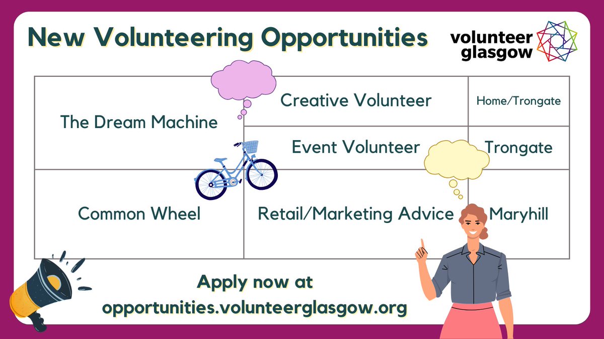 Take a look at this week's new volunteering opportunities! 👇 🎨 Creative Volunteer - bit.ly/3qV7fzW 🙌 Event Volunteer - bit.ly/3YXykii @DreamMachineCIC 📢Retail & Marketing Advice - @common_wheel - bit.ly/3sCKz88