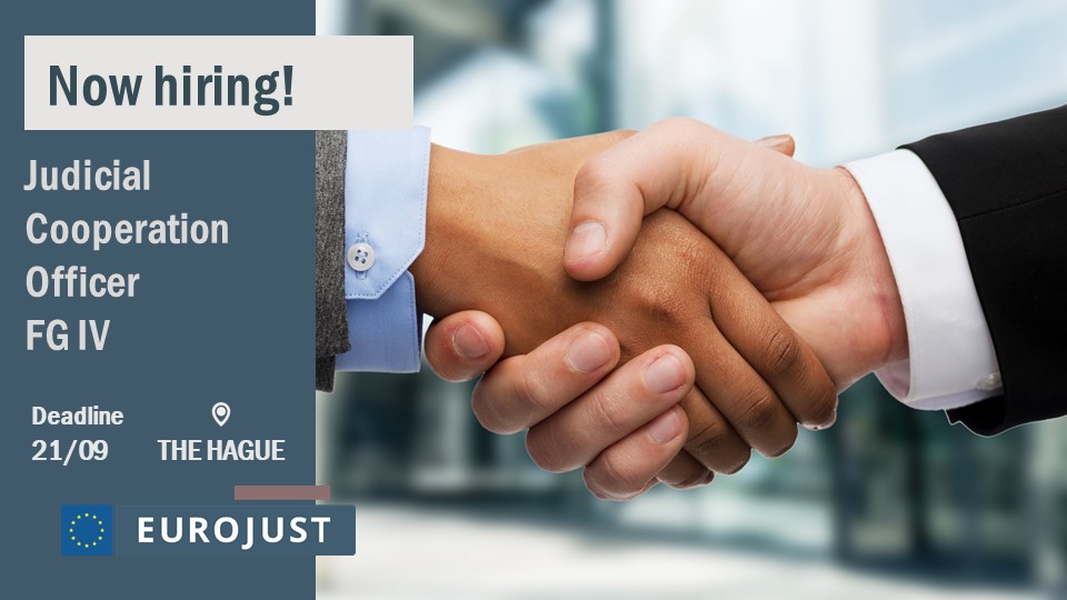 💼 #EUjobs | We're hiring!

#Eurojust is looking for a

👉 Judicial Cooperation Officer 👈

Do you want to join our team preserving, analysing & storing evidence relating to #CoreInternationalCrimes?

📝 This is your chance - apply by 21/09!

All details: europa.eu/!WHcfvY