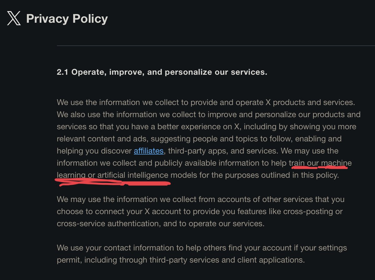 NEWS: X’s updated Privacy Policy has added a mention of using X data to train AI models 👀