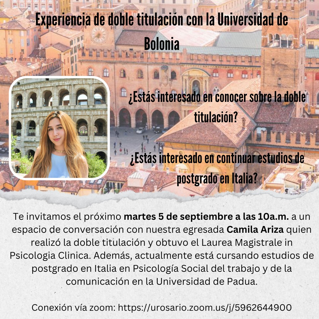 📢Invitamos a nuestros/as estudiantes o egresados/as del programa de psicología a participar de este conversatorio para que conozcan más sobre la doble titulación con Italia y sus oportunidades de posgrado en este país 🇮🇹 #UrosarioInternacional
 <a href="/EMCSUrosario/">Escuela de Medicina y Ciencias de la Salud</a>