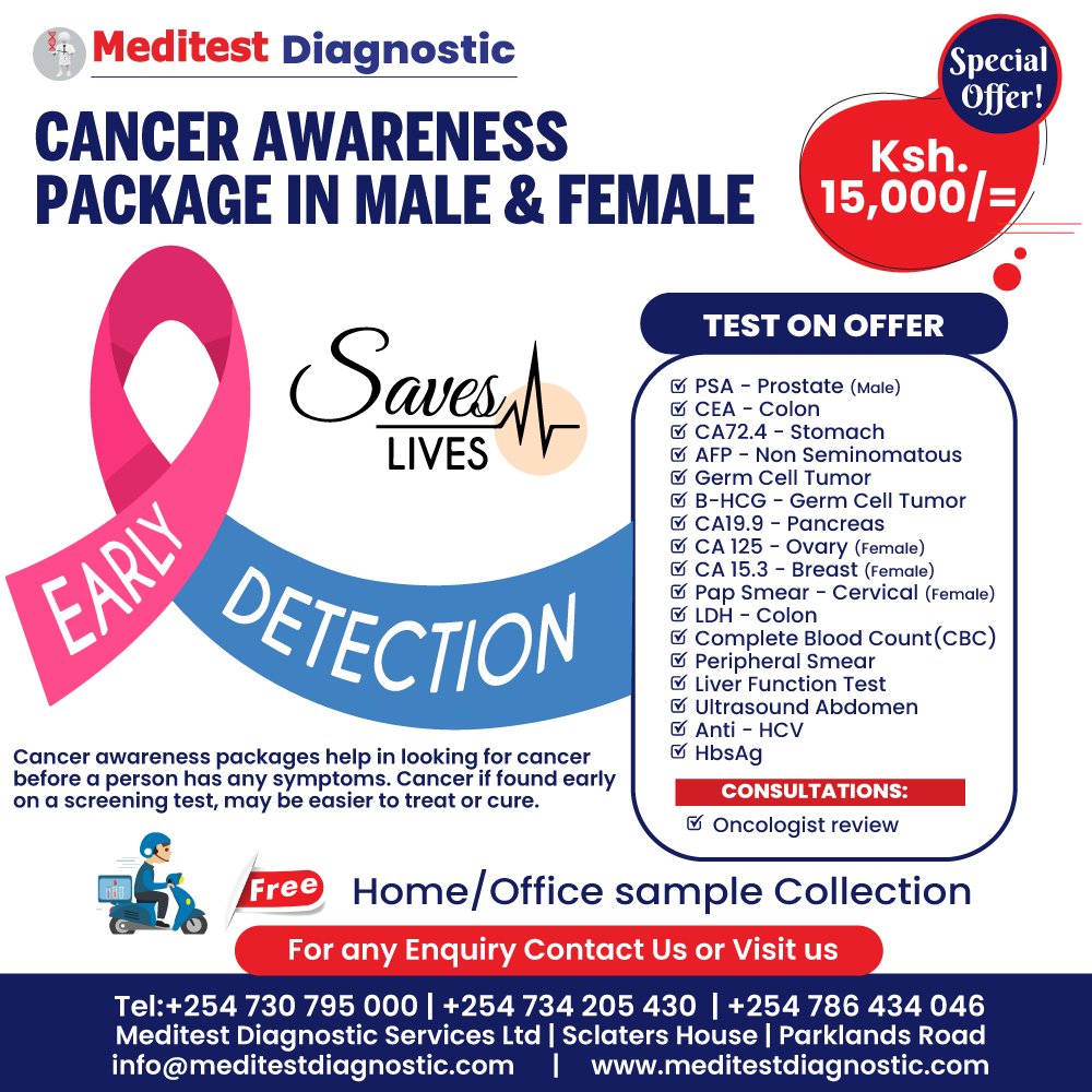 Meditest_Hsp's tweet photo. Raise Awareness for Cancer Screening 🎗
Early detection saves lives!
Grab our Amazing offer Today!!!
Book your slot ?
visit our website https://t.co/PEitQQFNtu or Call us on +254730795000
#ArrestNickMwendwa #brownmauzo #balozibitok #petermunya #mandago #viralvideo #Cameroon https://t.co/w4zsrHRrkt