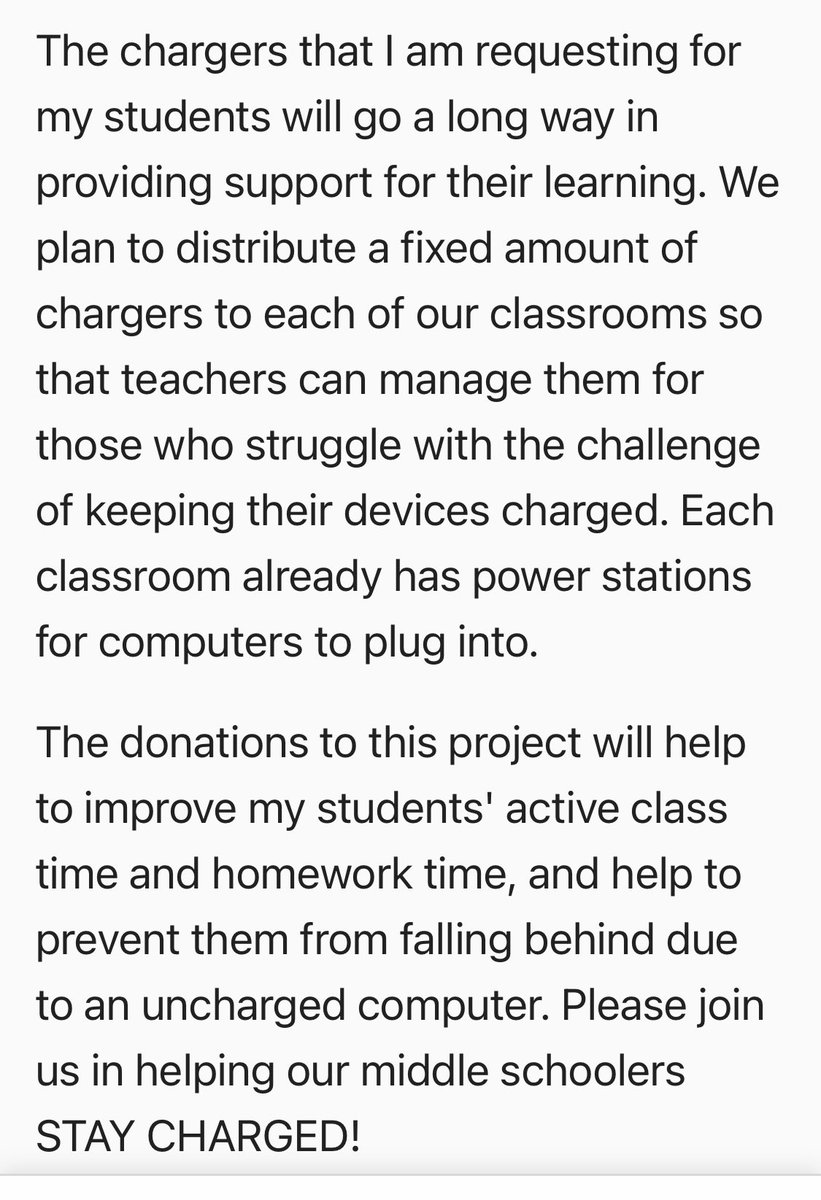 #DCPS middle school resorts to asking for donations to buy 200 chargers for laptops. Central Office puts the onus on schools to replace chargers when they are broken or lost. Imagine being issued a laptop with no charger to do schoolwork.