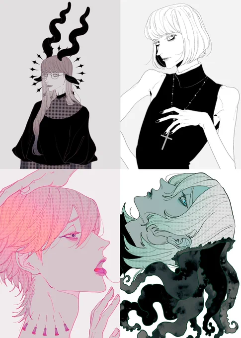 #今月描いた絵を晒そう
#絵柄が好みって人にフォローされたい 
色々な髪型楽しかった🕺今月もありがとうございました 