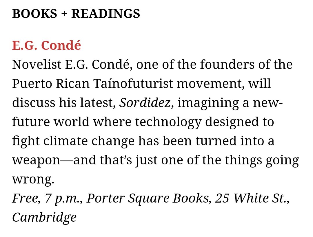 Dear Bostonian SFF community,  @BostonMagazine says you should come to my book event tonight at 7PM at @PorterSqBooks. I'll be reading from SORDIDEZ & discussing revolutionary ancestral fiction with @Shingaibelike. Also, book signings! 📕✍🏼🇵🇷🏳️‍🌈🇰🇪 #Booktwitter #BookTour #author