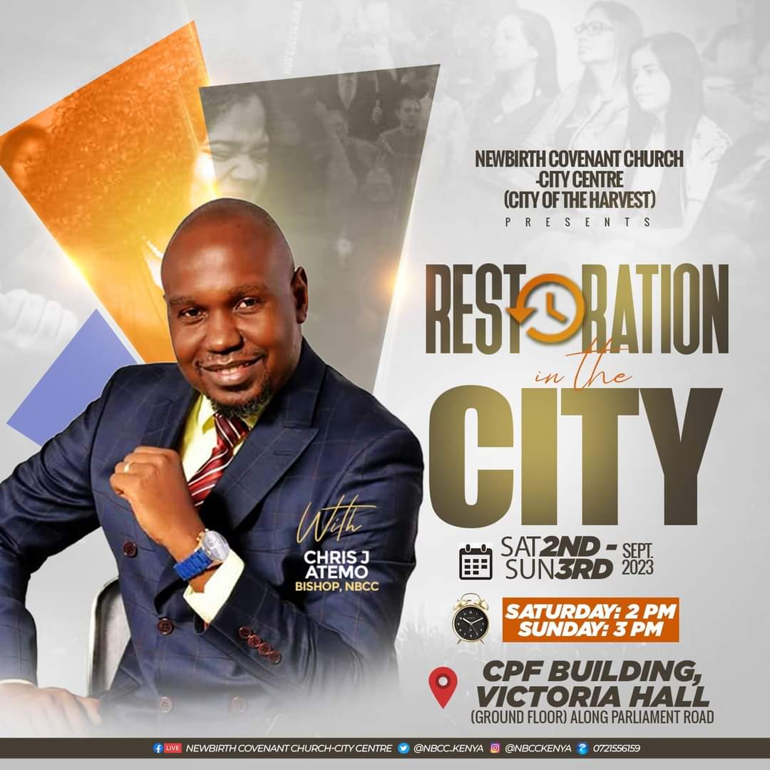Do not miss RESTORATION IN THE CITY, at Newbirth Covenant Church City Centre - City Of The Harvest  this Saturday and Sunday. See flier for details. 

#Restorationinthecity
#7YearsOfPlenty
#2023CovenantInheritance