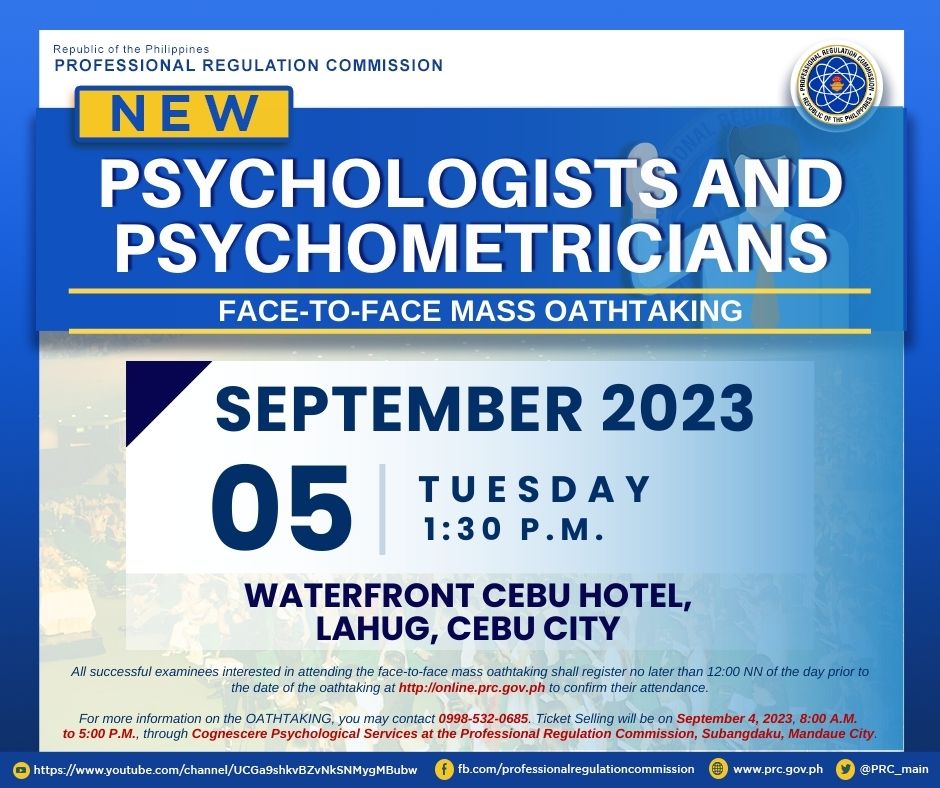 PRC_main's tweet image. Face-to-Face Oathtaking of the New Psychologists and Psychometricians

For full announcement, please click this link: prc.gov.ph/article/face-f…