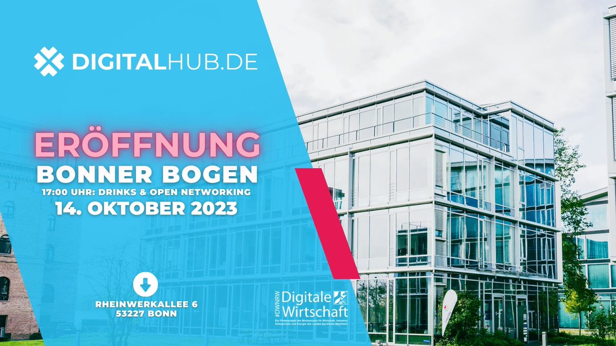 digitalhub_de's tweet photo. Eröffnung am Bonner Bogen 🚨
Wir freuen uns am 14.10.2023 ab 17:00 Uhr unsere neuen Schwerpunkt-Flächen zu den Themen Cyber Security und Nachhaltigkeit am Bonner Bogen zu eröffnen.
Infos und Anmeldung unter:
https://t.co/bQny2QgZeS
#eröffnung #dwnrw #digitalhub #bonnerbogen https://t.co/MavjJjAbvA