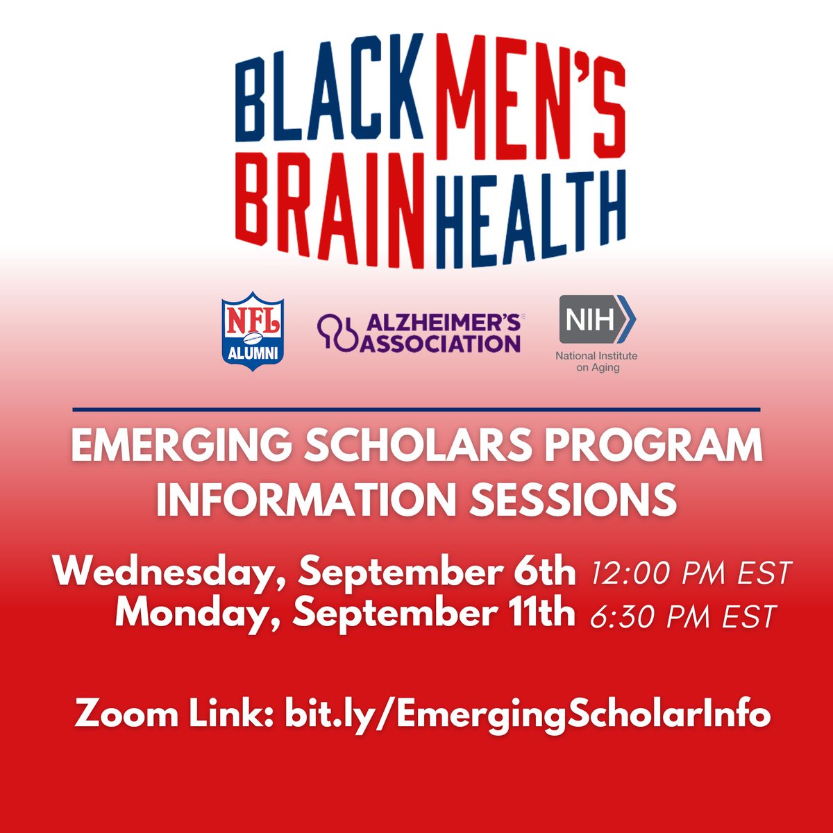 robertturnerphd's tweet photo. Catch us at our next two Q&A Sessions to learn and ask all your questions about the #BMBH #EmergingScholarsProgram !
๐ Learn More: https://t.co/aofe8RV5Ws
๐ Zoom Link: https://t.co/Z6Y5NSwLJd
๐ Apply for Cohort 3: https://t.co/yeus1W9lv1
#BMBH2024 #BrainHealthEquity https://t.co/5A76winCCE