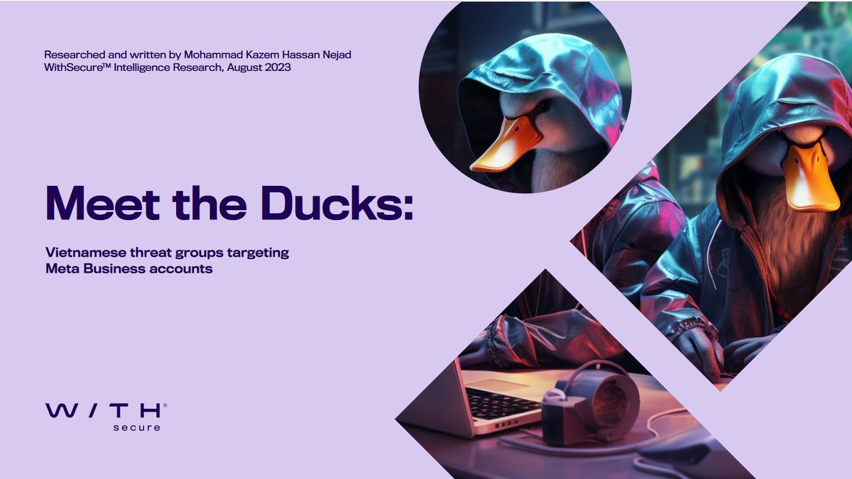 NEW RESEARCH: In their latest report, <a href="/mkazemhn/">Kazem</a> and <a href="/_ginnare/">NeeRaj Singh</a> dive into Vietnamese cyber crime targeting Meta Business accounts, with specific attention paid to DUCKTAIL &amp; a new threat called DUCKPORT

labs.withsecure.com/publications/m… 

#meettheducks #ducktail #duckport #CyberSecurity