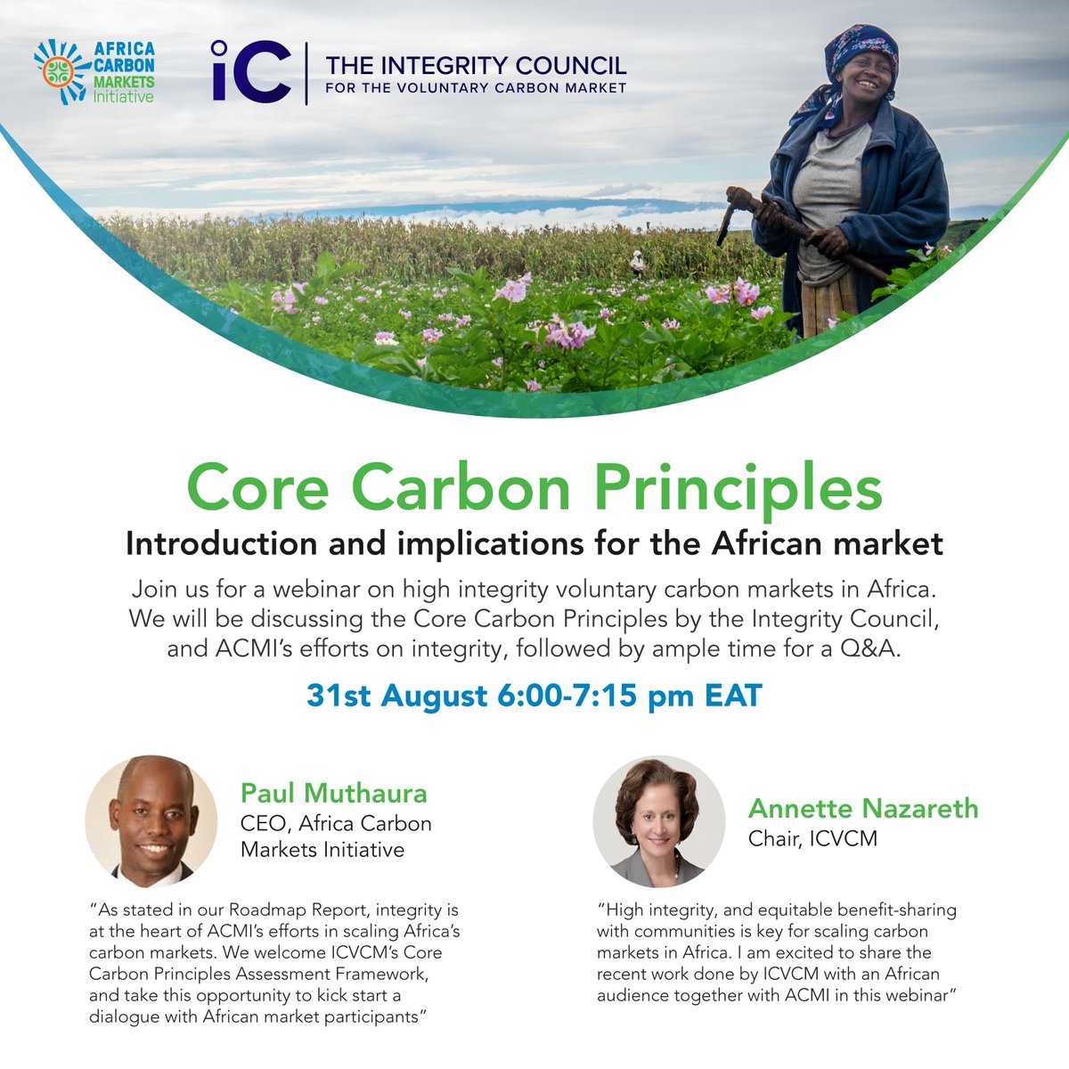ic_vcm's tweet photo. Join our webinar '#CoreCarbonPrinciples - Introduction and implications for the African market', today, 31st August from 6:00-7:15pm, EAT.
We look forward to hearing from Paul Muthara, CEO at #ACMI and @AnnetteNazareth, ICVCM Chair.
Join us⤵️
https://t.co/8io70MaY0h https://t.co/XZUkZ5mnlA