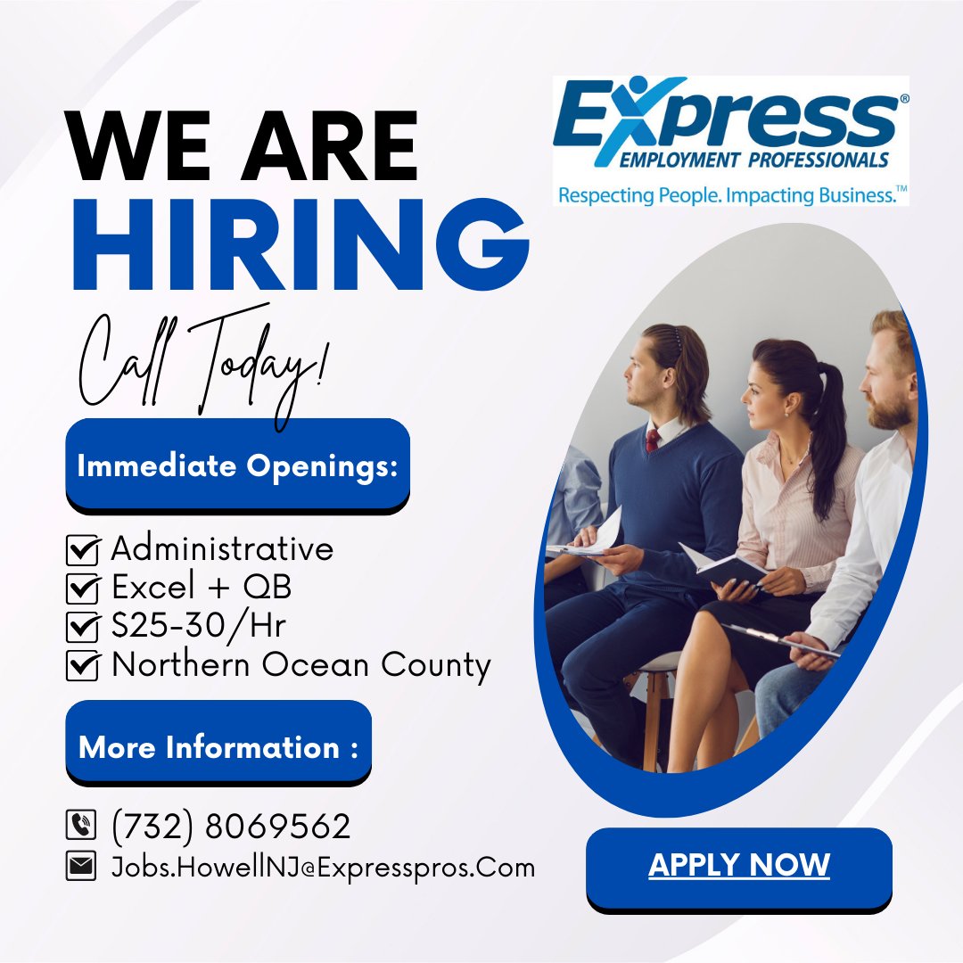 Starting your career path? Re-joining workforce? Looking for change? Call or visit us in our Howell, NJ office!
#nowhiring #greatjobs #expressemploymenthowellnj #puttingamillionpeopletowork