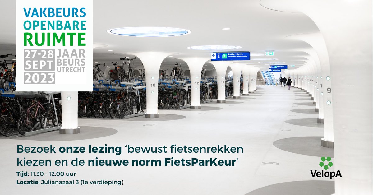 VelopA is op 27 &amp; 28 sept aanwezig op de Vakbeurs Openbare Ruimte in de Jaarbeurs. Niet alleen met een stand om u de nieuwe generatie fietsparkeersystemen te laten zien, maar ook met een lezing om u bij te praten over het keurmerk FietsParKeur. #vakbeursopenbareruimte #velopa