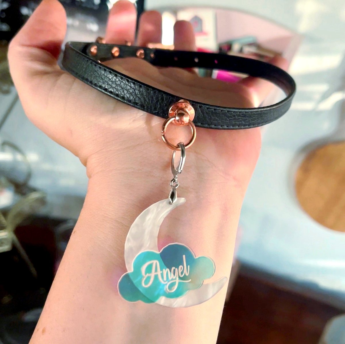 Our Night Sky Collar Tag is a crowd-pleaser! Iridescent clouds engraved with your custom text layered over a pearly white crescent moon. It comes on our quick-change loop so it can be easily swapped! (and it's only $18!) restrainedgrace.com/products/custo…