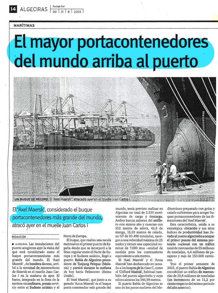 #Efemérides 🗓️

🔵 Este agosto se cumplen 20 años del atraque en APM Terminals #Algeciras del entonces portacontenedores más grande del mundo, el #AxelMaersk

➡️ Su capacidad: 7.690 Teus. Hoy los más grandes multiplican✖️3 esa capacidad 

#megaships #AlgecirasA1000