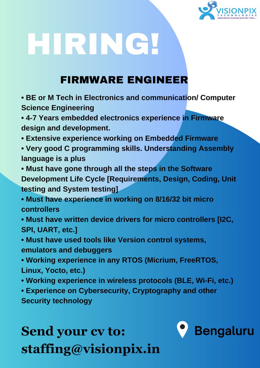 Visionpix_llp's tweet image. We are hiring!!

Share your resume to staffing@visionpix.in.

#firmwareengineer #bangalorejobs #firmwarejobs #embedded