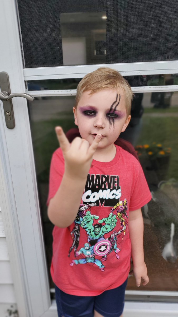 ayost88's tweet photo. When your five year old is at home sick from school and wants Chris makeup, you give it your best shot and give him Chris makeup. The love he has for this band melts my heart. @ChrisMotionless @MIWband 
Hopefully one of these days I can snag VIP and bring him to see his idol https://t.co/vbGiUzu8SF