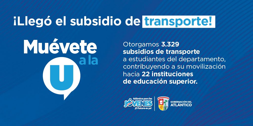 Hoy es un día muy importante para nosotros en la <a href="/Gobatlantico/">Gobernación Atlántico</a>, porque materializamos un nuevo sueño para los jóvenes: el subsidio de transporte #MuéveteALaU, que nos permitirá apoyar a 3.329 chicos de los 22 municipios para que vayan a sus clases en las universidades y centros