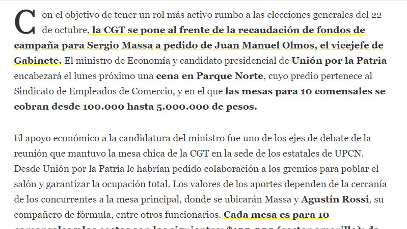 Los burócratas sindicales van a pagar hasta $ 5 millones para 'cenar' apoyando al ministro de la devaluación Sergio Massa. Más lejos de la vida obrera no se puede estar.