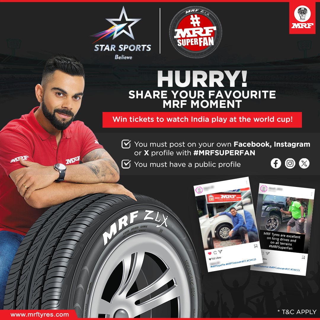 MRFWorldwide's tweet photo. Prove you're an #MRFSuperFan and stand the chance to win tickets to watch India play at the ICC Men's ODI World Cup 2023.

Steps in the tweet thread: https://t.co/Jw2m1RSp69