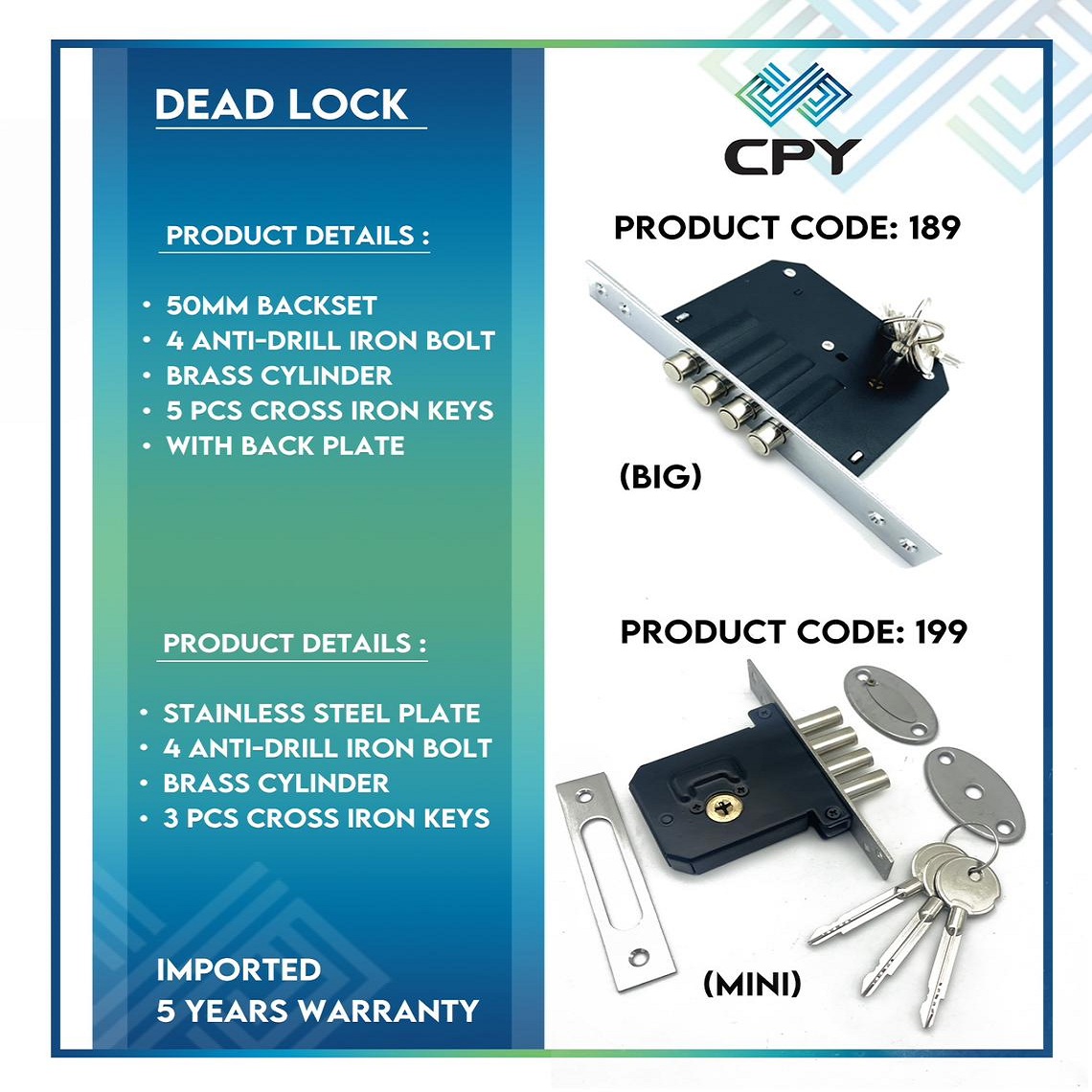 HardwareSamachr's tweet image. Trusted quality and trusted warranty-Explore #CPY ultimate collection of #deadlocks
#YashdeepImpex #Importer #Mumbai #CPYHardware #ArchitecturalHardware #FurnitureHardwareFittings #Deadlock #DoorHardware #DeadboltLocks #DoorLocks #DeadLockBody #MortiseDeadLock #BuildersHardware