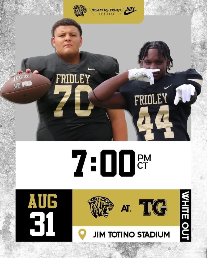FridleyFootball's tweet photo. 🚨⚪️ Alert: White Out Conditions Expected ⚪️🚨
🐅 Tigers vs Eagles 🦅 @TGEagleFootball 
⏰ 7:00pm 
📍Totino Grace HS 
Theme: White Out 
#gameday #hearusroar #tigernation #whiteout #fridleyfootball https://t.co/UOZIg90q9I