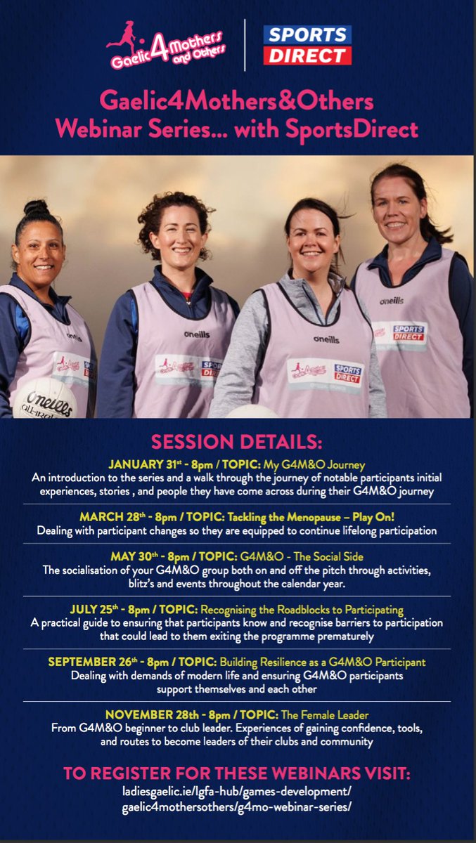 The next in our Sports Direct Gaelic4Mothers&amp;Others webinar series is coming your way on Tuesday September 26! 

Hosted by <a href="/WhelanVinny/">Vinny Whelan</a>, 'Building Resilience as a G4M&amp;O' Participant will get underway at 8pm and you can register at: bit.ly/3sFka9n

#G4MO