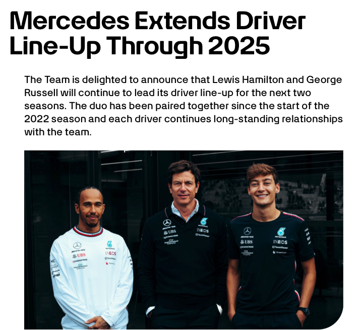 thefredwarner's tweet photo. Mrcedes announces the continuation of its partnership with drivers Lewis Hamilton and George Russell for the next two seasons (until 2025). With mistakes in race strategy and floored design errors in recent years, can they rise again!

#formula1 #mercedesamg #lewishamilton https://t.co/TOIygGxXHN